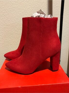 Dream Pairs Red Suede Pointed Toe Block Heel Ankle Boots